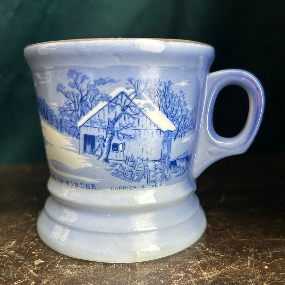 Vintage Currier & Ives The Homestead In Winter Blue Porcelain Shaving Cup Mug - Picture 2 of 7